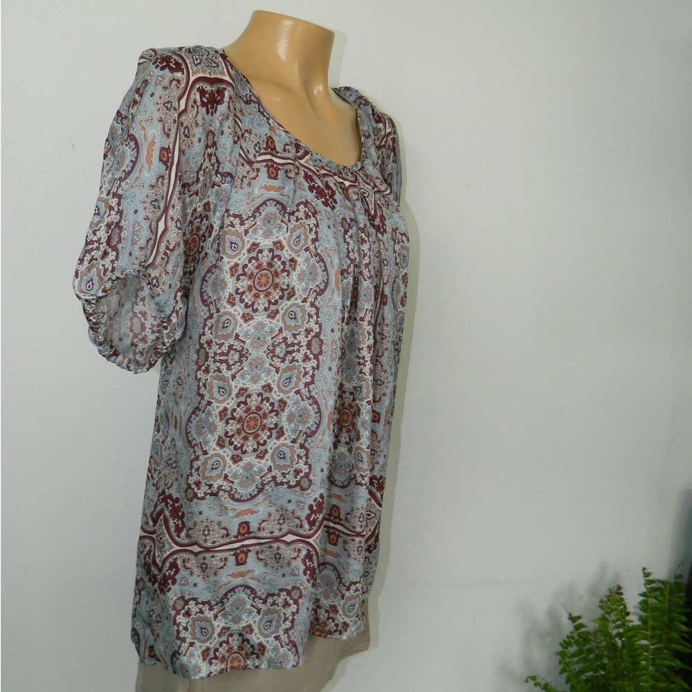 Sundance Silk Paisley Blouse Women L Blue Burgundy Tie Back Puff Sleeve Boho Top